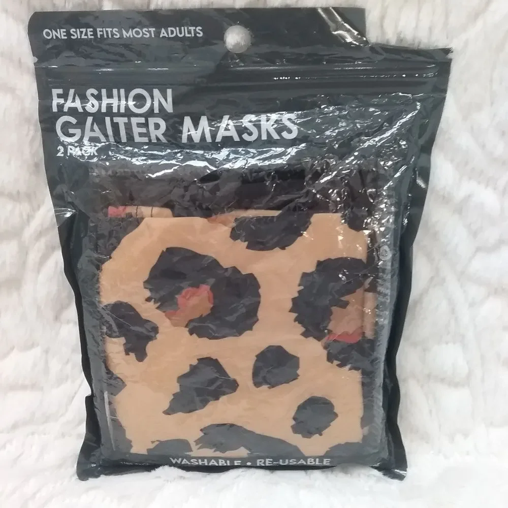 Leopard Print and Solid Black Gaiter Face Mask Two Pack Adult Size New Sealed